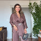 SATIN TEXTURED ELEGANT SET WITH BELT DETAIL - MOCHA BROWN