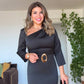 ASYMMETRICAL NECK SATIN DRESS WITH BELT DETAIL - BLACK