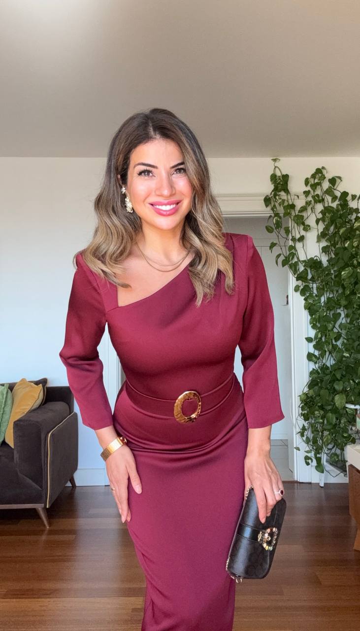ASYMMETRICAL NECK SATIN DRESS WITH BELT DETAIL - BURGUNDY