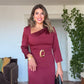 ASYMMETRICAL NECK SATIN DRESS WITH BELT DETAIL - BURGUNDY