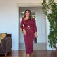 ASYMMETRICAL NECK SATIN DRESS WITH BELT DETAIL - BURGUNDY