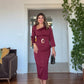 ASYMMETRICAL NECK SATIN DRESS WITH BELT DETAIL - BURGUNDY