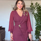 MIDI DRESS WITH CHIFFON SLEEVES & BROOCH DETAIL - PLUM