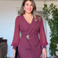 MIDI DRESS WITH CHIFFON SLEEVES & BROOCH DETAIL - PLUM