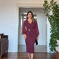 MIDI DRESS WITH CHIFFON SLEEVES & BROOCH DETAIL - PLUM