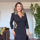 FLORAL BROOCH DETAIL SLIT DRESS - BLACK