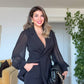 BLAZER SUIT WITH CHIFFON SLEEVE DETAIL & PALAZZO TROUSERS – BLACK