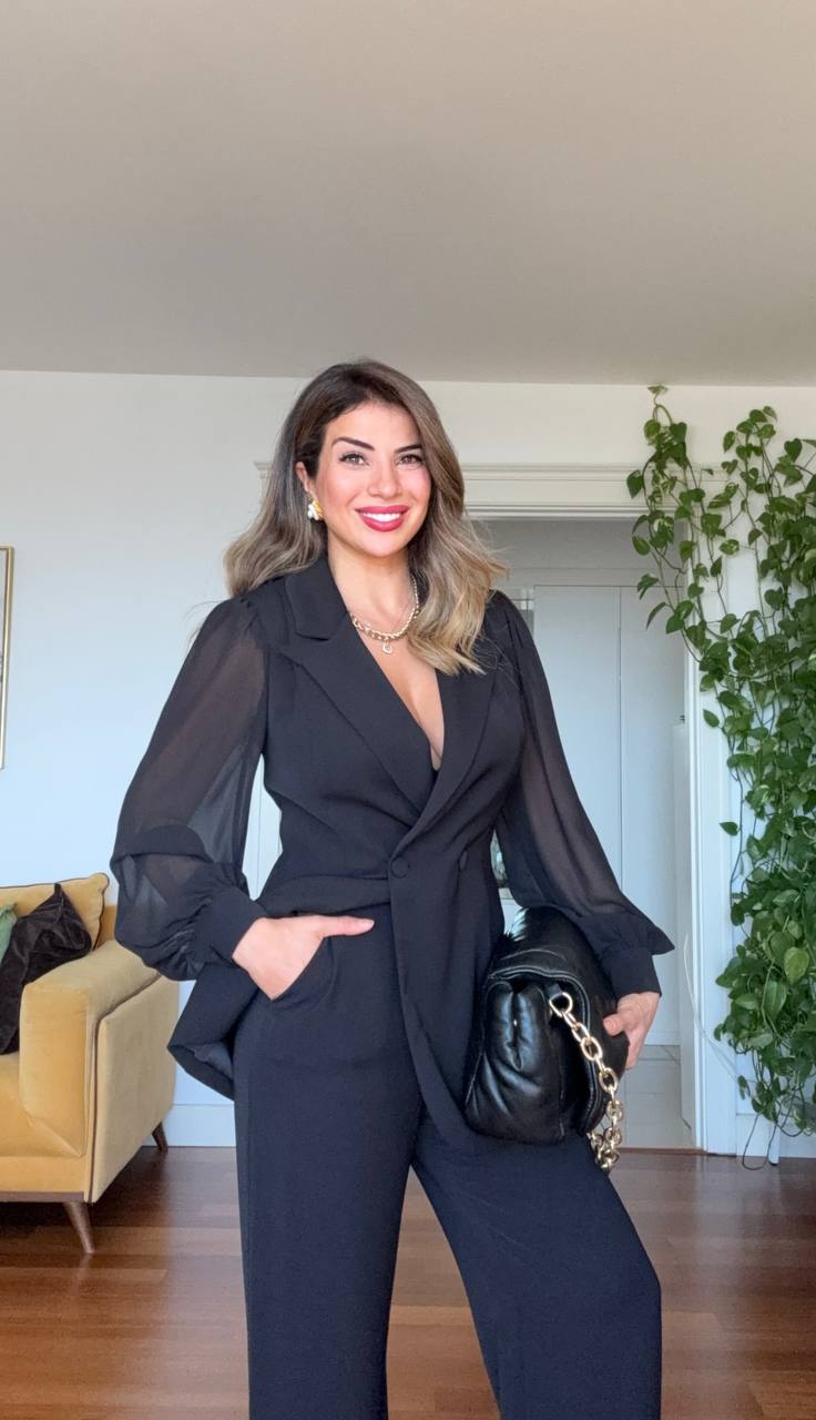 BLAZER SUIT WITH CHIFFON SLEEVE DETAIL & PALAZZO TROUSERS – BLACK