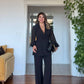 BLAZER SUIT WITH CHIFFON SLEEVE DETAIL & PALAZZO TROUSERS – BLACK