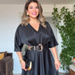 SATIN DRESS WITH LEOPARD BELT DETAIL – BLACK