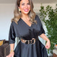 SATIN DRESS WITH LEOPARD BELT DETAIL – BLACK