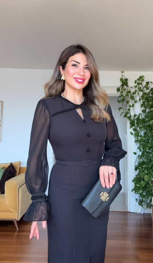 STONE EMBELLISHED SLIT DRESS – BLACK