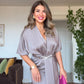 ELEGANT V-NECK SATIN DRESS WITH BELT DETAIL - MİNK