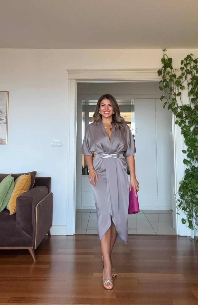 ELEGANT V-NECK SATIN DRESS WITH BELT DETAIL - MİNK