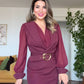 WRAP MIDI DRESS WITH GOLD BUCKLE – BURGUNDY