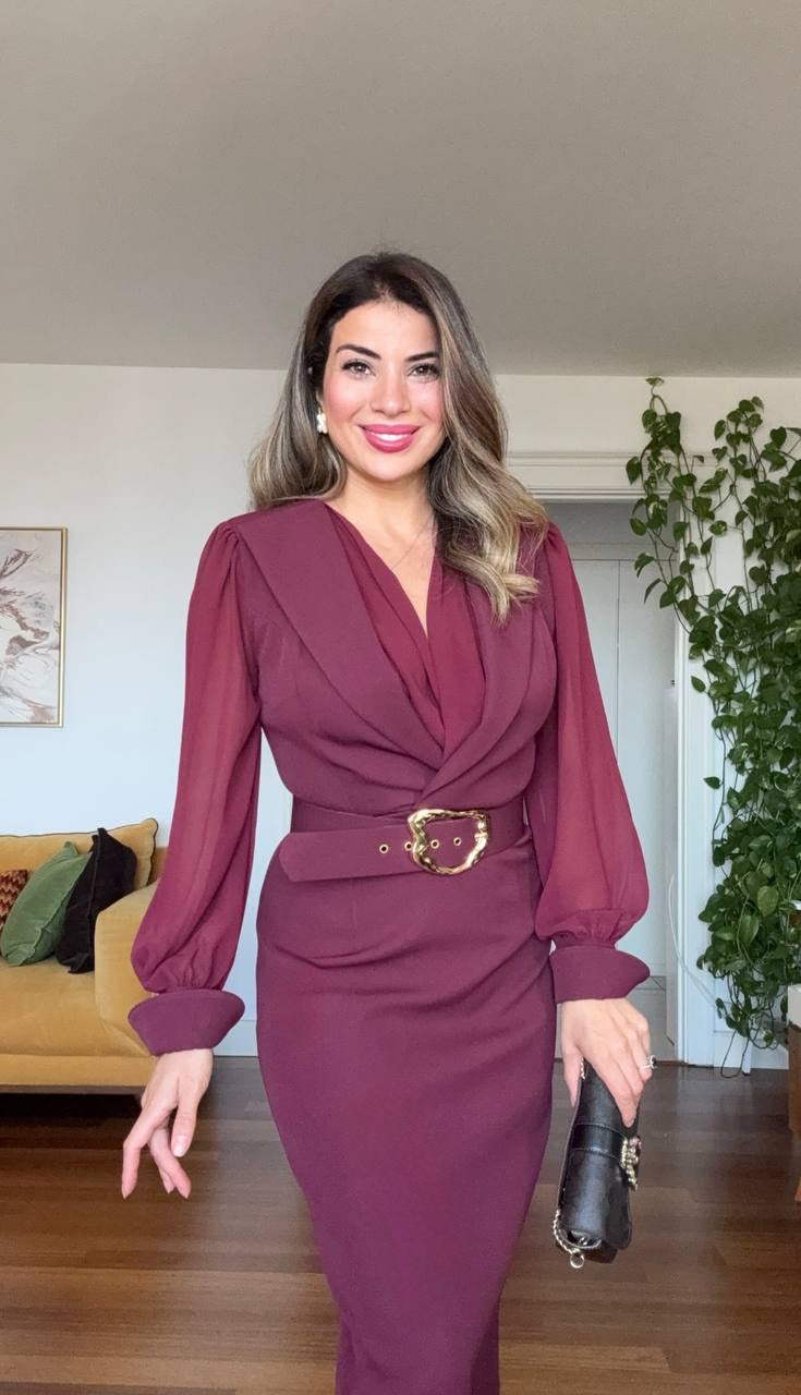 WRAP MIDI DRESS WITH GOLD BUCKLE – BURGUNDY