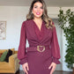 WRAP MIDI DRESS WITH GOLD BUCKLE – BURGUNDY
