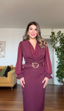 WRAP MIDI DRESS WITH GOLD BUCKLE – BURGUNDY