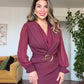 WRAP MIDI DRESS WITH GOLD BUCKLE – BURGUNDY