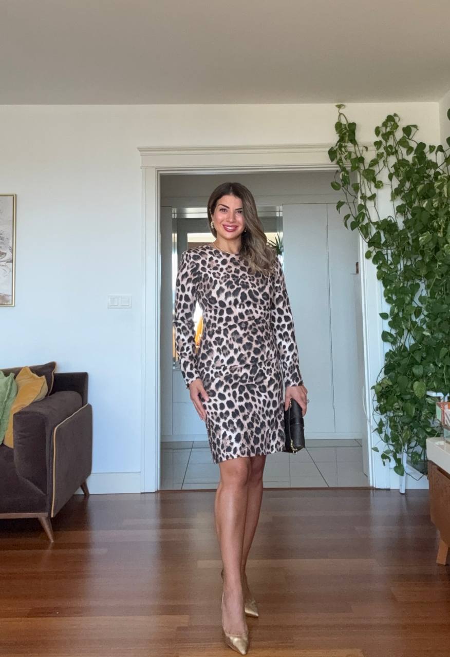 LEOPARD PRINT LONG SLEEVE MINI DRESS