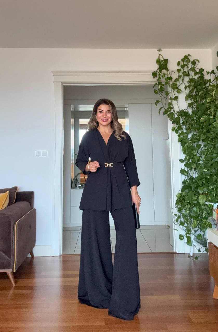 WRAP SUIT WITH GOLD BUCKLE DETAIL – BLACK