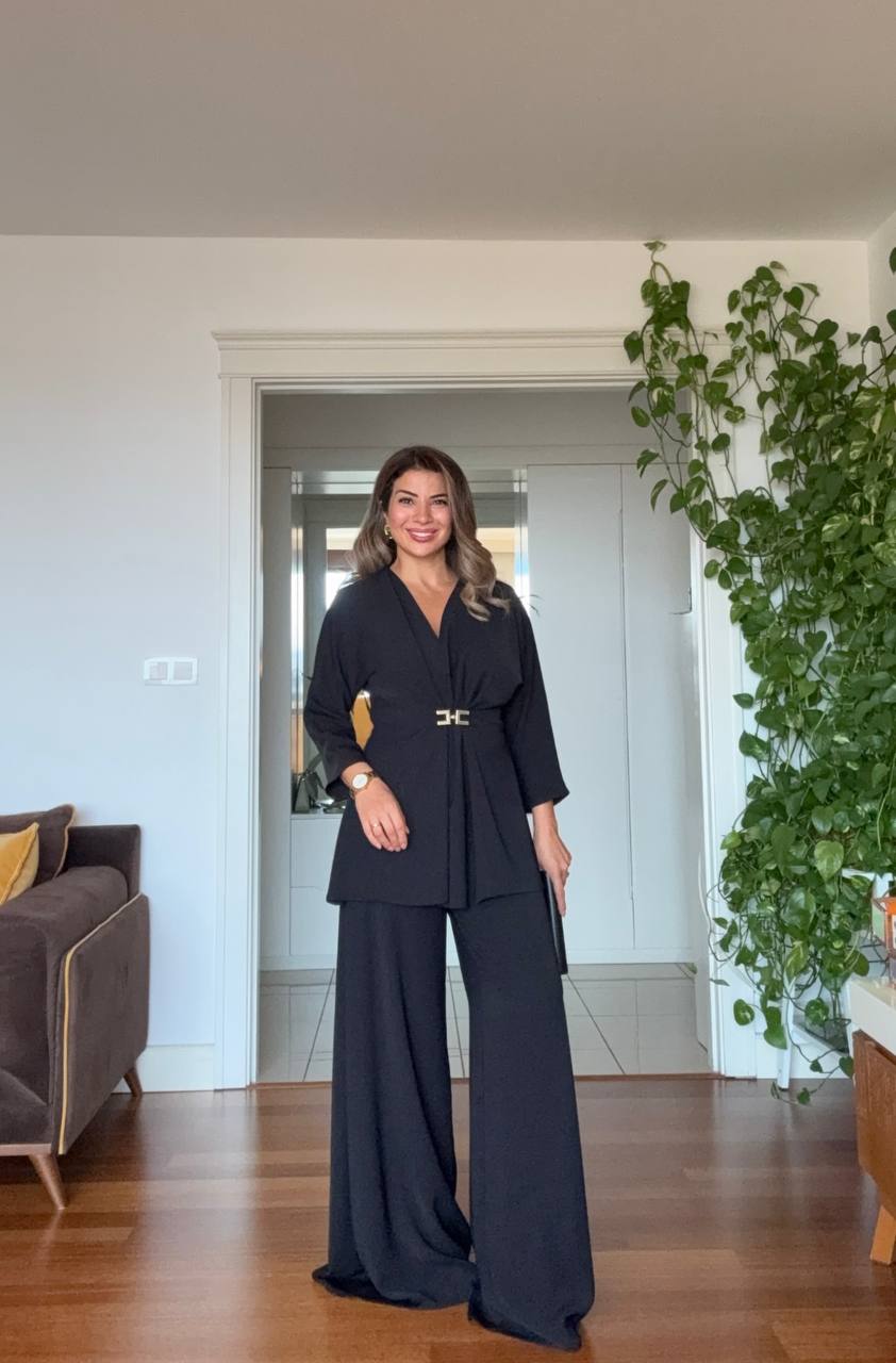 WRAP SUIT WITH GOLD BUCKLE DETAIL – BLACK