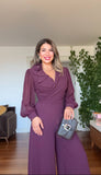 FLOWER BROOCH DETAIL BELTED JUMPSUIT – PURPLE