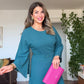 ELEGANT JUMPSUIT WITH STONE-EMBELLISHED BELT – PETROL BLUE
