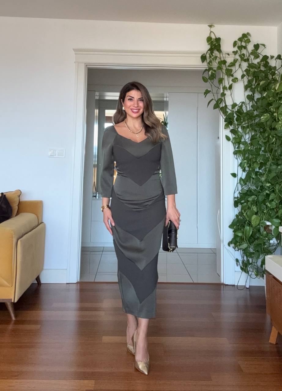 V-NECK DRAPED SATIN LOOK DRESS – KHAKİ