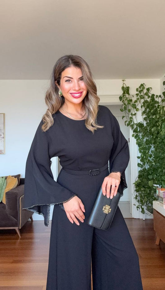 ELEGANT JUMPSUIT WITH STONE-EMBELLISHED BELT – BLACK