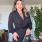 WRAP NECKLINE CHIFFON SLEEVE BELTED JUMPSUIT – BLACK