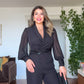 WRAP NECKLINE CHIFFON SLEEVE BELTED JUMPSUIT – BLACK