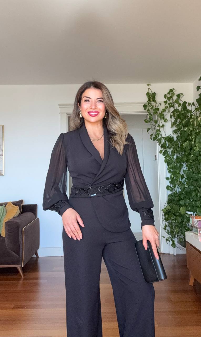 WRAP NECKLINE CHIFFON SLEEVE BELTED JUMPSUIT – BLACK