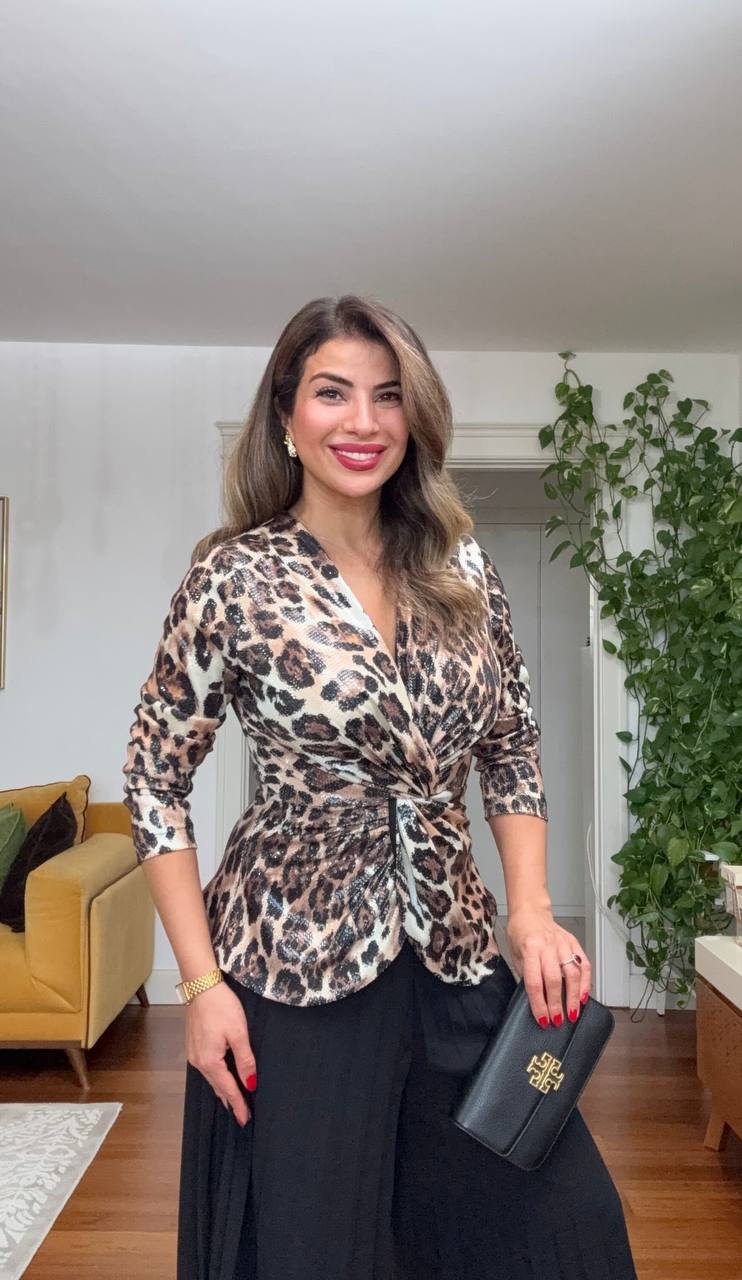 LEOPARD PRINT SEQUIN PLEATED SET - BLACK