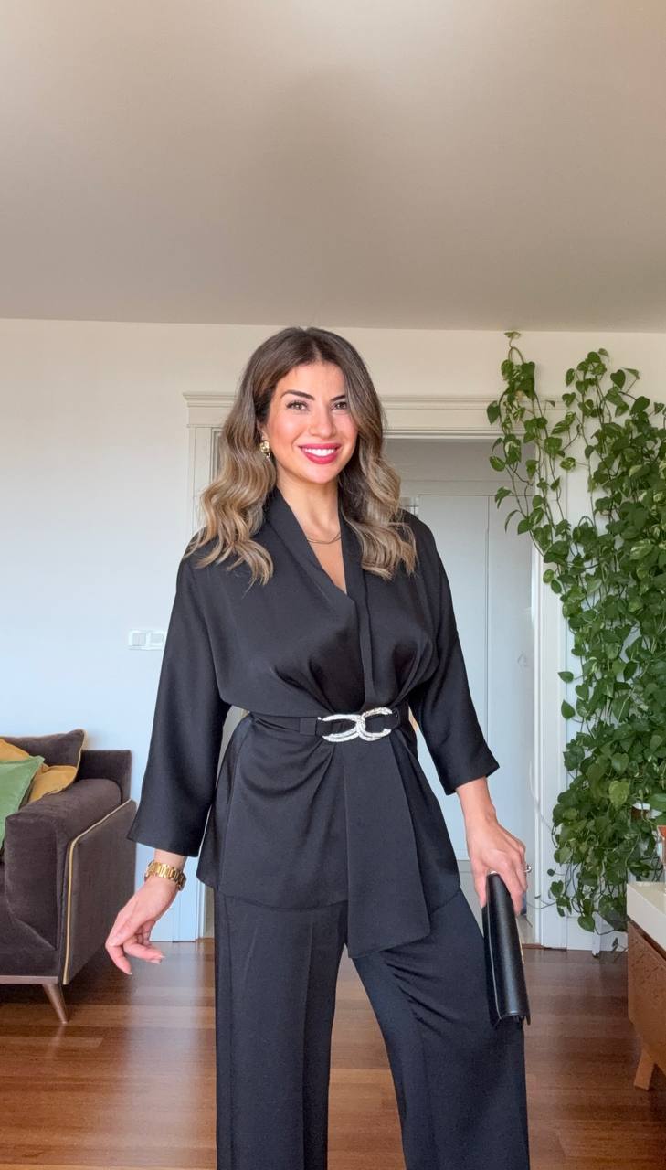 SATIN TEXTURED ELEGANT SET WITH BELT DETAIL - BLACK