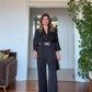 SATIN TEXTURED ELEGANT SET WITH BELT DETAIL - BLACK