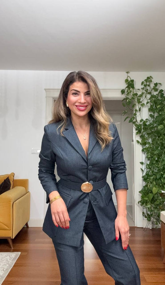 WRAP BELTED SUIT – DARK GREY