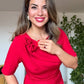 CLASSIC DRESS WITH SHOULDER FLOWER DETAIL – RED