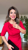 CLASSIC DRESS WITH SHOULDER FLOWER DETAIL – RED