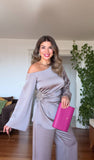 ASYMMETRICAL ONE-SHOULDER EMBELLISHED SUIT – MİNK