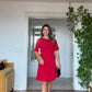 CLASSIC DRESS WITH SHOULDER FLOWER DETAIL – RED