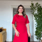 CLASSIC DRESS WITH SHOULDER FLOWER DETAIL – RED
