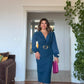 WRAP MIDI DRESS WITH GOLD BUCKLE – PETROL BLUE