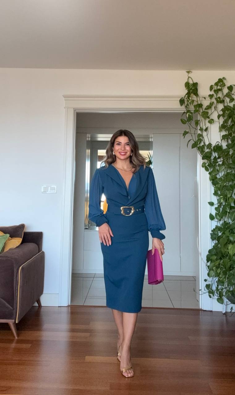 WRAP MIDI DRESS WITH GOLD BUCKLE – PETROL BLUE