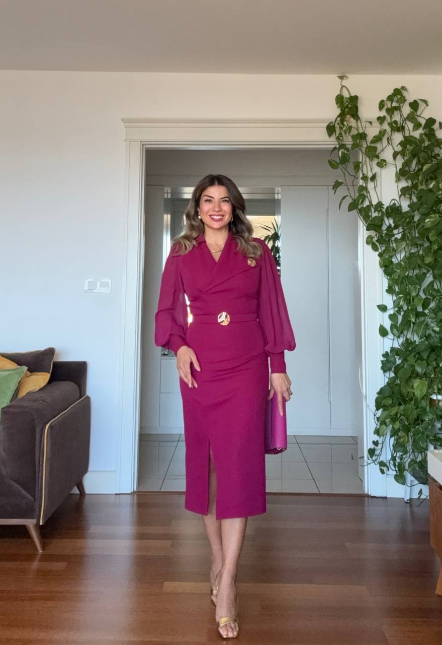 BROOCH DETAIL CHIFFON SLEEVE WRAP MIDI DRESS – PLUM
