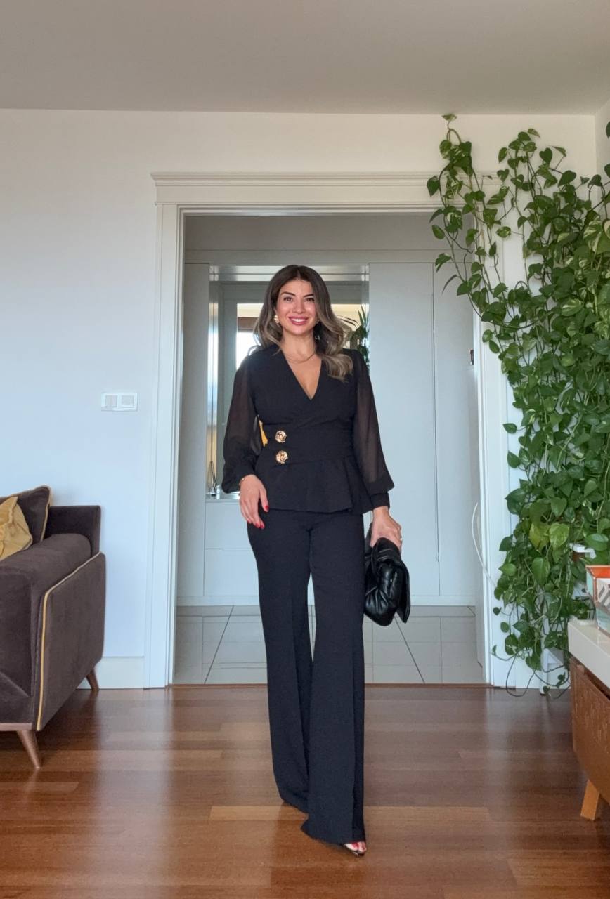 ELEGANT WRAP NECK SUIT – BLACK