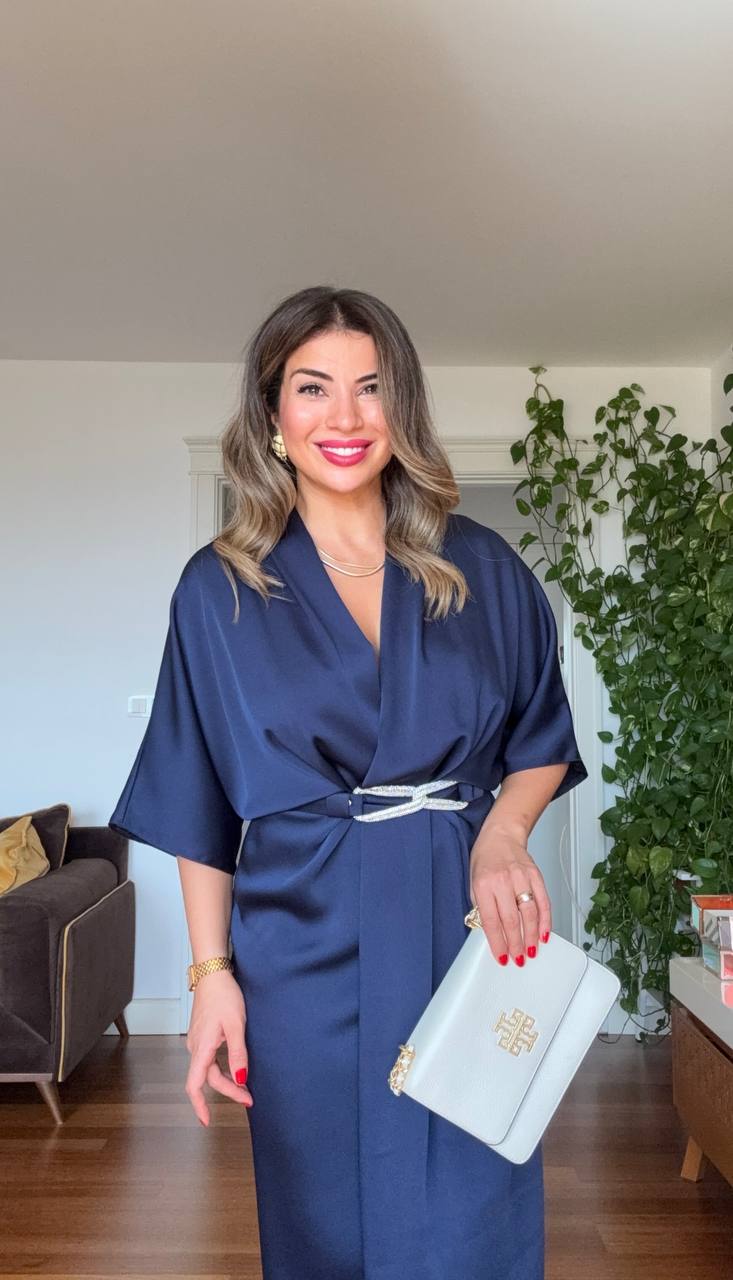 ELEGANT V-NECK SATIN DRESS WITH BELT DETAIL - NAVY
