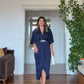 ELEGANT V-NECK SATIN DRESS WITH BELT DETAIL - NAVY