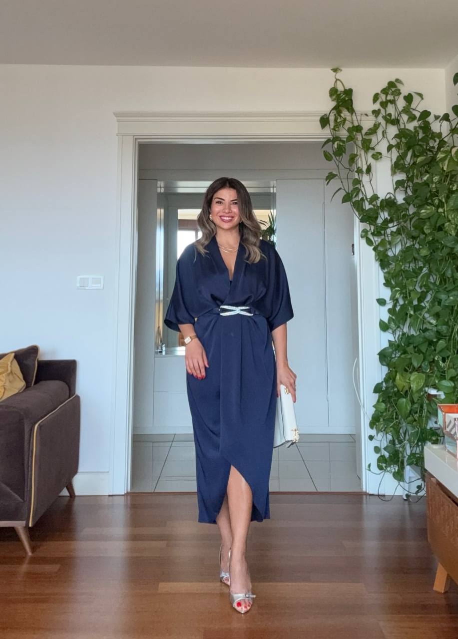ELEGANT V-NECK SATIN DRESS WITH BELT DETAIL - NAVY