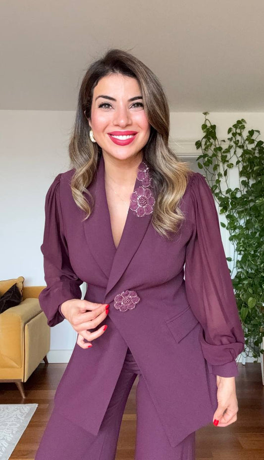 COLLAR FLORAL DETAIL ELEGANT SUIT – PLUM